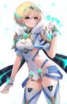  1girl artist_name blonde_hair bodysuit breasts character_name chest_jewel cleavage closed_mouth clothing_cutout commentary core_crystal_(xenoblade) english_commentary hair_between_eyes highres impossible_clothes kamaniki legs shimmer_(xenoblade) short_hair skin_tight thighs tiara white_background xenoblade_chronicles_(series) xenoblade_chronicles_3 xenoblade_chronicles_3:_future_redeemed yellow_eyes 