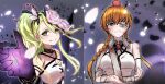  2girls absurdres apple apple_on_head armpit_crease bandages bare_shoulders black_petals black_ribbon blush braid breasts broken_arm brooch brown_hair canon_event claws cleavage_cutout close-up closed_mouth clothing_cutout crown_braid dark_background deathpolca deathpolca_(apostle) demon_girl demon_wings demons_roots demons_roots_(series) detached_collar detached_sleeves dirty empty_eyes eye_contact eyepatch falling_petals floating_hair flower food food_on_head frown fruit fruit_on_head gem gloves glowing glowing_petals gradient_hair green_eyes green_hair grey_eyes hair_flower hair_ornament hair_ribbon hand_focus happy_tears high_side_ponytail highres implied_yuri jewelry large_breasts lily_killer long_hair looking_at_another looking_at_viewer medical_eyepatch midriff_peek multicolored_hair multiple_girls object_on_head one_eye_covered orange_hair petals red_gem ribbon rose side_ponytail sidelocks small_breasts smile stomach tearing_up tears twin_braids underboob uof white_petals wings x_(symbol) yuri 