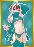  1girl absurdres ahoge alternate_costume animal_ears bare_shoulders blue_eyes blush breasts brown_hair commentary covered_mouth detached_sleeves dznovart green_sweater hair_ornament highres indie_virtual_youtuber looking_at_viewer medium_breasts mole mole_under_eye multicolored_hair nail_polish navel one_eye_closed panties partially_undressed rabbit_ears rabbit_girl ribbon self-upload short_hair solo standing star_(symbol) star_hair_ornament sweater thighhighs thighs turtleneck turtleneck_sweater two-tone_hair underboob underwear virgin_destroyer_sweater virtual_youtuber white_hair yue_caelum 