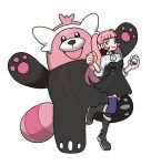  1girl ascot bear bear_paws bewear black_boots black_dress blue_thighhighs boots breasts buttons closed_mouth commentary crossover dress english_commentary fire_emblem fire_emblem:_three_houses garreg_mach_monastery_uniform hands_up hilda_valentine_goneril holding holding_poke_ball knee_boots long_hair looking_at_viewer love_ball lozyrosie medium_breasts open_mouth pink_eyes pink_hair poke_ball pokemon pokemon_(creature) simple_background smile standing standing_on_one_leg sugimori_ken_(style) thighhighs twintails white_ascot white_background 