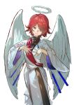  1girl angel_wings arknights breasts dress exusiai_(arknights) fake_halo fake_wings hair_over_one_eye halo highres light_smile looking_at_viewer naoel_(naoel_art) orange_eyes red_hair short_hair simple_background small_breasts solo white_background white_dress wings 