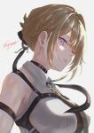  1girl absurdres armpits bare_shoulders blonde_hair breasts chest_harness collared_halterneck commentary earrings evelyn_chevalier expressionless from_side gold_earrings hair_intakes halter_shirt halterneck harness highres jewelry kyonkyon71 large_breasts looking_at_viewer necktie purple_eyes ring_hair_ornament shirt short_hair sidelocks sideways_glance signature simple_background sleeveless sleeveless_shirt solo upper_body white_background white_shirt yellow_necktie zenless_zone_zero 