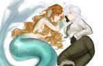  2girls absurdres black_gloves blue_eyes brown_hair chrys convenient_hair eye_contact face-to-face feet_out_of_frame fins gloves green_necktie green_pants grin hair_over_breasts hair_over_one_eye head_fins heart highres long_hair looking_at_another lying merfolk mermaid mole mole_under_mouth monster_girl multiple_girls necktie nude on_side pants purple_eyes reverse:1999 scales shirt smile vila_(reverse:1999) white_background white_hair white_shirt windsong_(reverse:1999) yuri 