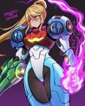  1girl arm_cannon armor artist_name aura blonde_hair commentary cowboy_shot dark_aura dark_background english_commentary film_grain frown glowing glowing_eyes glowing_hand gradient_background hair_between_eyes high_ponytail highres jarckius lone_nape_hair long_hair long_sidelocks looking_at_viewer metroid metroid_ravenous missing_headwear mole mole_under_mouth no_pupils normal_suit_(metroid) official_alternate_costume ponytail power_armor power_suit_(metroid) samus_aran science_fiction sidelocks simple_background solo standing v-shaped_eyebrows weapon 
