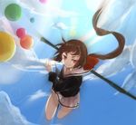  brown_hair day hammer koto_(kyousougiga) kyousougiga long_hair mishia ponytail red_eyes school_uniform serafuku skirt sky smile solo weapon 