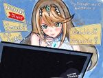  1girl alternate_costume blonde_hair breasts chest_jewel core_crystal_(xenoblade) earrings floating_earrings gem highres jewelry large_breasts light_blush long_hair mikkabose_007 mythra_(xenoblade) nintendo_direct sketch solo speech_bubble sweater swept_bangs tiara white_sweater xenoblade_chronicles_(series) xenoblade_chronicles_2 yellow_eyes 