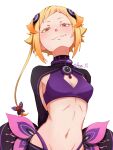  1girl arsti_11 blonde_hair breasts capella_emerada_lugunica cleavage commentary english_commentary evil_smile fangs flesh_storage_bulbs highres looking_at_viewer navel re:zero_kara_hajimeru_isekai_seikatsu red_eyes simple_background small_breasts smile solo stomach twitter_username white_background 