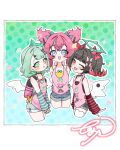  3girls absurdres angels_of_delusion aqua_streaks aria_(human)_(cuteness_loading)_(zenless_zone_zero) aria_(human)_(zenless_zone_zero) aria_(zenless_zone_zero) arm_warmers arms_behind_back bag bare_shoulders black_hair blush bow character_print choker commentary_request cowboy_shot green_eyes green_hair hair_bow hair_ornament hairclip highres looking_at_viewer multicolored_hair multiple_girls nangong_yu nangong_yu_(heartfelt_support) official_alternate_costume one_eye_closed open_mouth pink_bag pink_hair pink_shirt prosperity4444 quad_tails red_eyes shirt shorts signature smile streaked_hair striped_arm_warmers sunna_(delusions_in_business)_(zenless_zone_zero) sunna_(zenless_zone_zero) twintails white_wings winged_bag wings zenless_zone_zero 