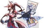  1girl absurdres ahoge animal_ears bodysuit breasts brown_hair card cleavage commentary_request cowboy_shot diabell_queen_of_the_white_forest duel_disk exodia_the_forbidden_one foreshortening fox_ears fox_girl fox_tail fumi_(2nd_costume)_(nijisanji) fumi_(nijisanji) highres hirano_masatoshi holding holding_card long_hair long_sidelocks mecha_pilot_suit nijisanji ponytail radiant_typhoon_fonix_the_great_flame red_bodysuit sidelocks solo tail the_unstoppable_exodia_incarnate virtual_youtuber white_background yu-gi-oh! yu-gi-oh!_master_duel 