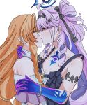  2girls ^_^ ahoge arm_strap backlighting bare_shoulders black_ribbon blue_hair blue_halo blue_hands blue_streaks bracelet braid braided_sidelocks breasts cleavage closed_eyes collarbone colored_extremities colored_inner_hair commentary couple denia_(breakdown)_(wuthering_waves) denia_(wuthering_waves) drill_hair drill_sidelocks drooling earrings face-to-face from_side gold_earrings gradient_eyes hair_intakes hair_ornament hair_ribbon halo hand_on_another's_neck highres hole_in_chest hole_on_body jewelry kiss light_blush long_hair long_sidelocks looking_at_another low-tied_long_hair medium_breasts middle_ring multicolored_eyes multicolored_hair multiple_girls off_shoulder one_side_up orange_hair paper_doll_chain pink_eyes pink_hair planetary_ring pointy_ears profile red_eyes ribbon roratann3678 saliva short_sleeves sidelocks sigrika_(wuthering_waves) silver_bracelet simple_background sleeveless strap_gap streaked_hair tacet_mark_(wuthering_waves) two-tone_hair upper_body white_background wuthering_waves yuri 