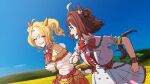  2girls ahoge animal_ears ascot bare_shoulders blonde_hair bow bowtie brown_hair clenched_hands crop_top dated detached_sleeves dress ear_covers ear_ornament facing_viewer fusaichi_pandora_(assorted_cuteness)_(umamusume) fusaichi_pandora_(umamusume) grin hair_bun hair_intakes horse_ears horse_girl horse_tail imocool jacket looking_at_another midriff multicolored_hair multiple_girls navel off-shoulder_shirt off_shoulder outdoors parted_bangs pink_jacket red_vest rhein_kraft_(dream_successor)_(umamusume) rhein_kraft_(umamusume) running see-through_clothes see-through_sleeves shirt short_hair skirt smile streaked_hair sweat tail twintails umamusume upper_body vest white_dress wristband 