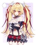  +_+ 1girl absurdres bare_shoulders belt black_choker black_skirt blonde_hair blush breasts choker claret_flint cleavage cleavage_cutout clothing_cutout commentary_request cowboy_shot crossed_arms detached_sleeves dice_hair_ornament fang fingernails hair_intakes hair_ornament highres large_breasts long_hair looking_at_viewer medium_breasts miniskirt mole mole_under_eye multicolored_hair nail_polish navel open_mouth puff_of_air purple_background red_belt red_eyes red_hair red_nails samon_(vxxr8575) simple_background skin_fang skindentation skirt skull_hair_ornament solo streaked_hair symbol-shaped_pupils thighhighs thighs twintails two-tone_hair very_long_hair white_thighhighs zenless_zone_zero 