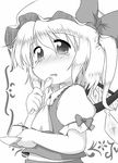 ascot blush bow crystal flandre_scarlet food geshopu greyscale hat hat_bow monochrome plate pudding short_hair short_sleeves side_ponytail solo spoon tears touhou upper_body wings 