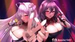  2girls asymmetrical_sleeves azur_lane bare_shoulders black_dress black_hair breasts character_name cleavage commentary_request crossed_bangs dress ex_saki hair_between_eyes hakuhou_(azur_lane) highres holding holding_microphone_stand idol large_breasts long_hair looking_at_viewer microphone microphone_stand multiple_girls official_alternate_costume outstretched_arm red_eyes siblings sisters taihou_(azur_lane) taihou_(muse)_(azur_lane) uneven_sleeves upper_body very_long_hair white_dress white_hair yellow_eyes 
