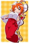  1girl ;) ahoge bell bell_brooch blush_stickers border bow bow_headband breasts breasts_squeezed_together bridal_gauntlets clenched_hands closed_mouth commentary_request commission cowlick deformed donchan_(yabaimattemuri) double-parted_bangs drop_shadow full_body hakama hands_up happy headband high-waist_skirt highres himaru_kaede japanese_clothes jingle_bell kimono large_breasts midair miko one_eye_closed orange_eyes orange_hair outline outside_border pachisuro_densetsu_no_miko plaid_background red_bridal_gauntlets red_skirt red_trim sandals second-party_source short_hair skeb_commission skirt smile socks solo three-quarter_sleeves waist_bow white_border white_bow white_headband white_kimono white_outline white_socks wide_sleeves yellow_background 
