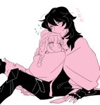  1boy 1girl blanket child closed_mouth commentary_request fingerless_gloves gloves hair_between_eyes jacket knit_hat long_hair messy_hair night_seeker_(sekaiju) night_seeker_3_(sekaiju) pants pink_theme poleyn rune_master_(sekaiju) rune_master_2_(sekaiju) sekaiju_no_meikyuu sekaiju_no_meikyuu_4 simple_background sitting sketch suno_(imydream) sweat translation_request white_background wrapped_in_blanket 