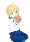  1girl ahoge artoria_pendragon_(fate) blonde_hair blue_skirt blush burger coffeekite commentary_request eating fate/stay_night fate_(series) food green_eyes highres looking_at_viewer open_mouth saber_(fate) shirt shirt_tucked_in skirt solo white_shirt 