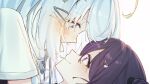  2girls ahoge arm_support bloom blue_eyes blue_hair blush close-up closed_mouth commentary drawstring eris_suzukami eye_contact face-to-face hair_between_eyes hair_ornament heart heart_hair_ornament high_collar highres long_hair looking_at_another lying multiple_girls narin_mikure on_back profile purple_eyes purple_hair shirt smile stugi triangle_hair_ornament virtual_youtuber vspo! vspo!_en white_background white_shirt x_hair_ornament yuri 