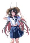  1girl absurdres adjusting_clothes adjusting_headwear alternate_costume azur_lane black_hair blue_bow blue_bowtie blue_sailor_collar blue_skirt bow bowtie breasts casual colored_inner_hair commentary_request demon_girl demon_horns grin hair_between_eyes hands_up hat hatsuzuki_(azur_lane) highres horns horns_through_headwear long_hair looking_at_viewer medium_skirt multicolored_hair navel oni pleated_skirt red_eyes red_hair sailor_collar school_uniform serafuku shirt short_sleeves skirt small_breasts smile solo standing straw_hat summer_uniform two-tone_hair very_long_hair white_shirt xinyuxppp 