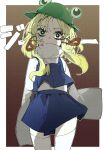  1girl absurdres blonde_hair blue_skirt blue_vest boots brown_boots commentary gradient_background green_hat green_pupils hair_ribbon hat highres kuromaru_ira long_sleeves moriya_suwako red_ribbon ribbon skirt skirt_set sleeves_past_fingers sleeves_past_wrists solo staring thighhighs touhou translated tress_ribbon vest white_thighhighs wide_sleeves 