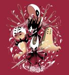  1other 4girls arthropod_girl black_eyes black_skin blank_eyes bodysuit cloak colored_skin dress extra_eyes first_sinner_(hollow_knight) floating_hair flower gazo1a grey_dress hat highres holding holding_weapon hollow_eyes hollow_knight hollow_knight:_silksong horned_mask hornet_(hollow_knight) lace_(hollow_knight) looking_at_viewer looking_to_the_side mask multiple_girls needle_(hollow_knight) phantom_(hollow_knight) pin_(hollow_knight) puffy_sleeves red_background red_cloak simple_background standing sword weapon white_bodysuit white_eyes white_flower white_hat white_mask widow_(hollow_knight) 