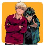  2boys arm_up bakugou_katsuki belt black_hoodie black_pants blonde_hair boku_no_hero_academia border closed_mouth collared_shirt commentary cowboy_shot crossed_arms fashion frown green_eyes green_hair green_jacket grey_pants grin highres hood hood_down hoodie jacket long_sleeves looking_at_viewer male_focus midoriya_izuku multiple_boys official_alternate_costume open_clothes open_jacket orange_background orange_belt orange_eyes outstretched_arm pants plaid_clothes plaid_jacket pointing pointing_at_viewer shirt short_hair smile unzipped use_zeinuki very_short_hair white_border wing_collar 