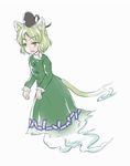  animal_ears cat_ears cat_tail dress frills ghost_tail green_dress green_eyes green_hair hat inaba_(akane-jika) kemonomimi_mode long_sleeves open_mouth short_hair simple_background soga_no_tojiko solo tail tate_eboshi touhou 