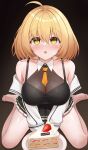  1girl absurdres ahoge bare_shoulders birthday_cake black_shirt blonde_hair breasts cake cake_slice commentary_request english_text food happy_birthday haru_estia highres karurega looking_at_viewer md5_mismatch medium_breasts open_mouth shirt sitting sleeveless sleeveless_shirt solo soulworker thighs wariza yellow_eyes 