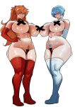  2girls abs absurdres areola_slip arms_behind_back asymmetrical_docking ayanami_rei beuto blue_eyes blue_hair breast_press breasts censored collar curvy elbow_gloves gloves hair_between_eyes hand_on_own_hip heart heart_censor high_heels highres huge_breasts interface_headset_(evangelion) lips long_hair multiple_girls narrow_waist neon_genesis_evangelion orange_hair pubic_hair red_collar red_eyes red_gloves red_shoes red_thighhighs shiny_skin shoes short_hair smile souryuu_asuka_langley thighhighs thighs wet white_collar white_gloves white_shoes white_thighhighs wide_hips 