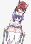  1girl absurdres animal_ears breasts brown_hair commentary daniboytm desk ears_through_headwear hair_between_eyes highres horse_ears horse_girl large_breasts looking_at_viewer marche_lorraine_(umamusume) medium_hair mismatched_ear_covers multicolored_hair on_desk parted_lips pink_eyes puffy_short_sleeves puffy_sleeves purple_shirt sailor_collar sailor_shirt school_uniform shirt short_sleeves sitting skirt solo streaked_hair thick_thighs thighhighs thighs tracen_school_uniform umamusume white_skirt white_streaks white_thighhighs 
