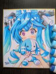  1girl @_@ absurdres ahoge animal_ears aqua_hair art_tools_in_frame bikini black_nails blue_eyes blue_hair blush bow commentary_request covering_own_mouth crossed_bangs dated dosukoi_taiko hair_bow heterochromia highres holding holding_stuffed_toy horse_ears horse_girl looking_at_viewer marker_(medium) multicolored_hair nail_polish purple_eyes shikishi sidelocks signature striped_bow stuffed_animal stuffed_rabbit stuffed_toy swimsuit traditional_media twin_turbo_(umamusume) twintails two-tone_hair umamusume upper_body 