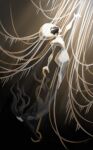  1girl 1other absurdres arthropod_girl black_hair black_skin blank_eyes bodysuit colored_skin dress floating_hair full_body grey_dress hat highres holding hollow_knight hollow_knight:_silksong lace_(hollow_knight) long_hair mask phantom_(hollow_knight) pin_(hollow_knight) thepavarchive thread white_bodysuit white_eyes white_hat white_mask 