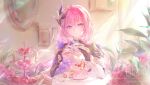 1girl absurdres artist_name black_gloves black_shrug blue_eyes breasts cake coffee_mug commission corset cup elysia_(honkai_impact) elysia_(miss_pink_elf)_(honkai_impact) food gloves hair_ornament highres himiu holding holding_cup honkai_(series) honkai_impact_3rd indoors large_breasts long_hair looking_at_viewer mirror mug pink_hair shrug_(clothing) single_glove smile solo very_long_hair white_corset 