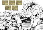  2boys 3girls absurdres ahoge animal_ears bandana cat_ears commentary crossed_arms english_commentary fire_emblem fire_emblem:_path_of_radiance game_screenshot_inset hairband hand_on_another's_shoulder headband highres ike_(fire_emblem) lethe_(fire_emblem) long_hair mia_(fire_emblem) monochrome muarim_(fire_emblem) multiple_boys multiple_girls screenshot_inset short_hair titania_(fire_emblem) vincent-san 