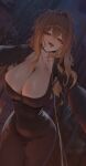  1girl absurdres azur_lane breasts brown_hair cleavage commentary covered_navel dark_alleyway dongtan_dress dress earrings grey_dress highres hiuww jewelry large_breasts lion_(alleyway_temptress)_(azur_lane) lion_(azur_lane) long_hair looking_at_viewer official_alternate_costume pov saliva saliva_trail solo tongue tongue_out very_long_hair yellow_eyes 