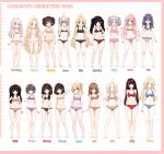 6+girls absurdres ahoge aqua_eyes arms_behind_back bare_shoulders barefoot black_panties blonde_hair blue_eyes blue_panties blunt_bangs bow bow_panties breasts brown_hair brown_panties camisole carrot_(comodox) coco_(comodox) commentary comodox double-parted_bangs english_commentary faeryn_(comodox) flat_chest forehead frilled_panties frills full_body green_eyes grey_hair hair_ornament hairclip hand_on_own_hip hands_on_own_hips heart heart_hair_ornament heart_print height_chart highres ink_(comodox) la_aong_(comodox) lamy_(comodox) large_breasts lilly_(comodox) long_hair looking_at_viewer lulla_(comodox) maryn_(comodox) meimei_(comodox) mesa_(comodox) midriff mila_(comodox) miu_(comodox) mother_and_child mother_and_daughter multiple_girls nono_(comodox) original panties parent_and_child pink_hair polka_dot polka_dot_panties print_panties purple_eyes purple_hair red_camisole red_eyes red_panties reference_sheet sheryn_(comodox) short_hair sidelocks simple_background small_breasts sol_(comodox) standing striped_clothes striped_panties twintails underwear wawa_(comodox) white_background 