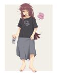  >_< 1girl absurdres animalization asahi_breweries bare_shoulders barefoot beer_can black_nails black_shirt blunt_bangs blush bocchi_the_rock! can collarbone commentary cube_hair_ornament drink_can english_commentary feet fingernails full_body gotoh_hitori gotoh_hitori_(octopus) grin hair_ornament highres hiroi_kikuri holding holding_can long_skirt looking_at_viewer nail_polish off-shoulder_shirt off_shoulder open_mouth partially_shaded_face purple_eyes purple_hair sharp_teeth shirt sick_hack side_ahoge sidelocks simple_background single_bare_shoulder single_off_shoulder skirt smile soles solo teeth toenail_polish toenails treepxiv 