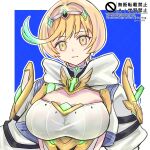  1girl blonde_hair breasts core_crystal_(xenoblade) highres large_breasts looking_at_viewer puffy_short_sleeves puffy_sleeves shimmer_(xenoblade) short_hair short_sleeves smile solo swept_bangs tiara touno_(akarino) upper_body xenoblade_chronicles_(series) xenoblade_chronicles_3 yellow_eyes 