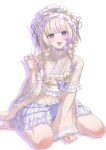  1girl :d absurdres barefoot blonde_hair blunt_bangs braid choker commentary_request flat_chest frilled_choker frilled_kimono frilled_skirt frills full_body hairband hand_up heart heart_o-ring highres holding_own_hair hololive hololive_dev_is japanese_clothes kimono lace-trimmed_kimono lace_trim lolita_hairband long_hair looking_at_viewer low_twin_braids miniskirt multicolored_hair o-ring o-ring_choker open_mouth purple_choker purple_eyes purple_hair purple_skirt purple_streaks simple_background sitting skirt smile solo streaked_hair toa_inusuki todoroki_hajime todoroki_hajime_(new_year) toes twin_braids virtual_youtuber wariza white_background white_kimono wide_sleeves 