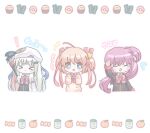  ! >_< 3girls :3 :d ^_^ ahoge arks_ark arm_up bat_hair_ornament beret black_jacket black_ribbon blonde_hair blush bow bowtie cape chibi chibi_only clenched_hand closed_eyes closed_mouth commentary_request facing_viewer flying_sweatdrops grey_hair hair_bobbles hair_ornament hair_ribbon hairclip hat hat_ribbon jacket kamikita_komari little_busters! little_busters!_school_uniform long_hair long_ribbon long_sleeves looking_at_viewer medium_hair multiple_girls notice_lines noumi_kudryavka one_side_up open_mouth parallel_hairclips pink_bow pink_bowtie pink_hair red_ribbon ribbon saigusa_haruka school_uniform side_ponytail sidelocks simple_background smile star_(symbol) star_hair_ornament sweatdrop sweater translation_request upper_body very_long_hair white_background white_cape white_hat yellow_sweater 