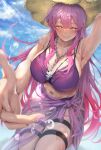  1girl absurdres arm_up armpits bare_arms bare_shoulders beach bead_necklace beads bikini blue_sky blunt_bangs blush breasts brown_hat cleavage closed_mouth cloud commentary_request commission day double-parted_bangs duel_monster exosister_martha gem glint gradient_hair hair_between_eyes hat highres jewelry large_breasts lens_flare long_hair multi-strapped_bikini_top multicolored_hair nail_polish navel necklace orange_eyes outdoors outstretched_arm pink_hair pink_lips pink_nails purple_bikini purple_sarong reaching reaching_towards_viewer red_gem sarong sayaka_ikku see-through_clothes see-through_sarong sidelocks skeb_commission sky smile standing stomach straw_hat sun_hat sunlight swimsuit thigh_strap thighs very_long_hair water_drop wet yu-gi-oh! 