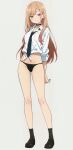  1girl ai-generated black_choker black_panties blonde_hair bow bow_panties bumbarash choker clothes_lift highres kitagawa_marin long_hair midriff_peek necktie panties shirt shirt_lift shirt_rolled_up simple_background smile sono_bisque_doll_wa_koi_wo_suru underwear white_shirt 