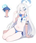 2girls :o absurdres antenna_hair arm_support bare_legs barefoot bikini blackness_(blackness661) blue_archive blue_bikini blue_eyes blue_hair blue_halo blue_ribbon blue_sailor_collar blush borrowed_clothes breasts chibi colored_eyelashes colored_inner_hair commentary completely_nude cosplay covering_breasts covering_crotch covering_privates cropped_shirt double-parted_bangs embarrassed english_commentary flying_sweatdrops hair_between_eyes hair_intakes hair_ornament halo highres long_hair lowleg lowleg_bikini makina_(blue_archive) makina_(blue_archive)_(cosplay) micro_bikini multicolored_eyes multicolored_hair multiple_girls navel nude open_mouth orca_hair_ornament petite ribbon sailor_collar sayuri_(blue_archive) see-through_clothes see-through_shirt shirt side-tie_bikini_bottom simple_background sitting small_breasts string_bikini swimsuit two_side_up white_background white_eyelashes white_hair x_hair_ornament yokozuwari 