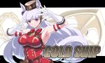  1girl absurdres anchor animal_ears armband blunt_bangs blush bow breasts brown_hat character_name commentary_request dress ear_bow ear_ribbon gloves gold_ship_(red_strife)_(umamusume) gold_ship_(umamusume) grey_hair hat highres horse_ears horse_girl horse_tail iota_(user_gvdc7737) large_breasts letterboxed long_hair looking_at_viewer open_mouth pillbox_hat purple_eyes red_bow red_dress sleeveless sleeveless_dress smile solo striped_armband striped_clothes tail umamusume white_gloves 