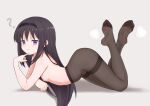  1girl ? akemi_homura andreypavlow bare_arms bare_shoulders black_hair black_hairband black_pantyhose blush breasts closed_mouth commentary commission english_commentary feet finger_to_mouth full_body hairband highres legs_up long_hair looking_at_viewer lying mahou_shoujo_madoka_magica mahou_shoujo_madoka_magica_(anime) navel nipples on_stomach pantyhose purple_eyes simple_background small_breasts soles solo the_pose toes topless_female white_background 