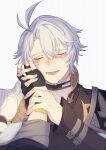  2boys antenna_hair armor black_choker black_gloves black_jacket black_shirt blush caelus_(honkai:_star_rail) choker closed_eyes coat collared_shirt commentary_request crossed_bangs crying facing_viewer fingerless_gloves fingernails gloves hair_between_eyes hand_on_another's_face hand_up hands_up happy happy_tears high_collar highres holding_another's_wrist honkai:_star_rail honkai_(series) jacket long_sleeves male_focus multiple_boys nabi3838 open_mouth phainon_(honkai:_star_rail) pov pov_hands shirt short_hair shoulder_armor signature simple_background single_glove smile solo_focus sun_symbol tears teeth tongue trailblazer_(honkai:_star_rail) upper_body white_background white_coat white_hair yaoi 