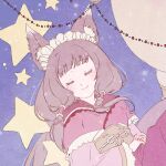  1girl animal_ear_fluff animal_ears beads blush brown_hair check_commentary closed_eyes commentary_request cropped fox_ears fox_girl fox_tail frilled_headwear hair_beads hair_ornament headband long_hair long_sleeves maho_(princess_connect!) medium_sidelocks obi obijime own_hands_together princess_connect! sash sleeping smile solo star_(sky) star_(symbol) starry_sky_background tail wagasa_(wagasa1115) white_headband 