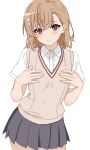  1girl asymmetrical_bangs blush brown_eyes brown_hair brown_sweater_vest closed_mouth collared_shirt cowboy_shot english_commentary grey_skirt hair_ornament hairclip hands_up highres looking_at_viewer medium_hair miniskirt misaka_mikoto pleated_skirt school_uniform shirt short_sleeves skirt sleeper78 solo summer_uniform sweater_vest toaru_kagaku_no_railgun toaru_majutsu_no_index tokiwadai_school_uniform v-neck white_shirt 