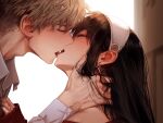  1boy 1girl bare_shoulders black_hair blonde_hair blush closed_eyes couple earrings english_commentary face-to-face french_kiss from_side gold_earrings hairband hand_on_another's_neck hetero highres jewelry kiss long_hair open_mouth profile ring safaia shirt short_hair spy_x_family twilight_(spy_x_family) upper_body white_hairband white_shirt wing_collar yor_briar 