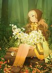  blonde_hair cape flower green_eyes leaf log long_hair original ribbon salt_(salty) sitting solo tree 